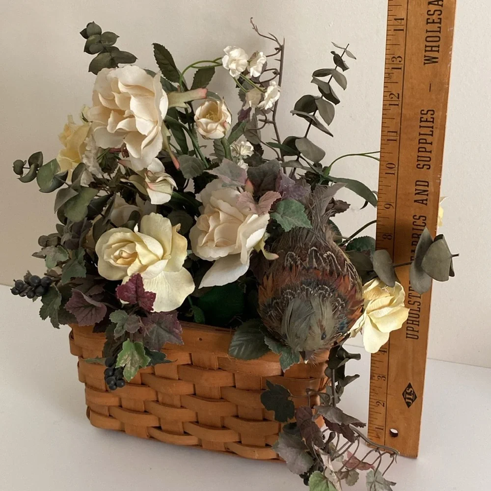 Elegant Cream faux Floral  arrangement Basket with Bird Cottagecore
